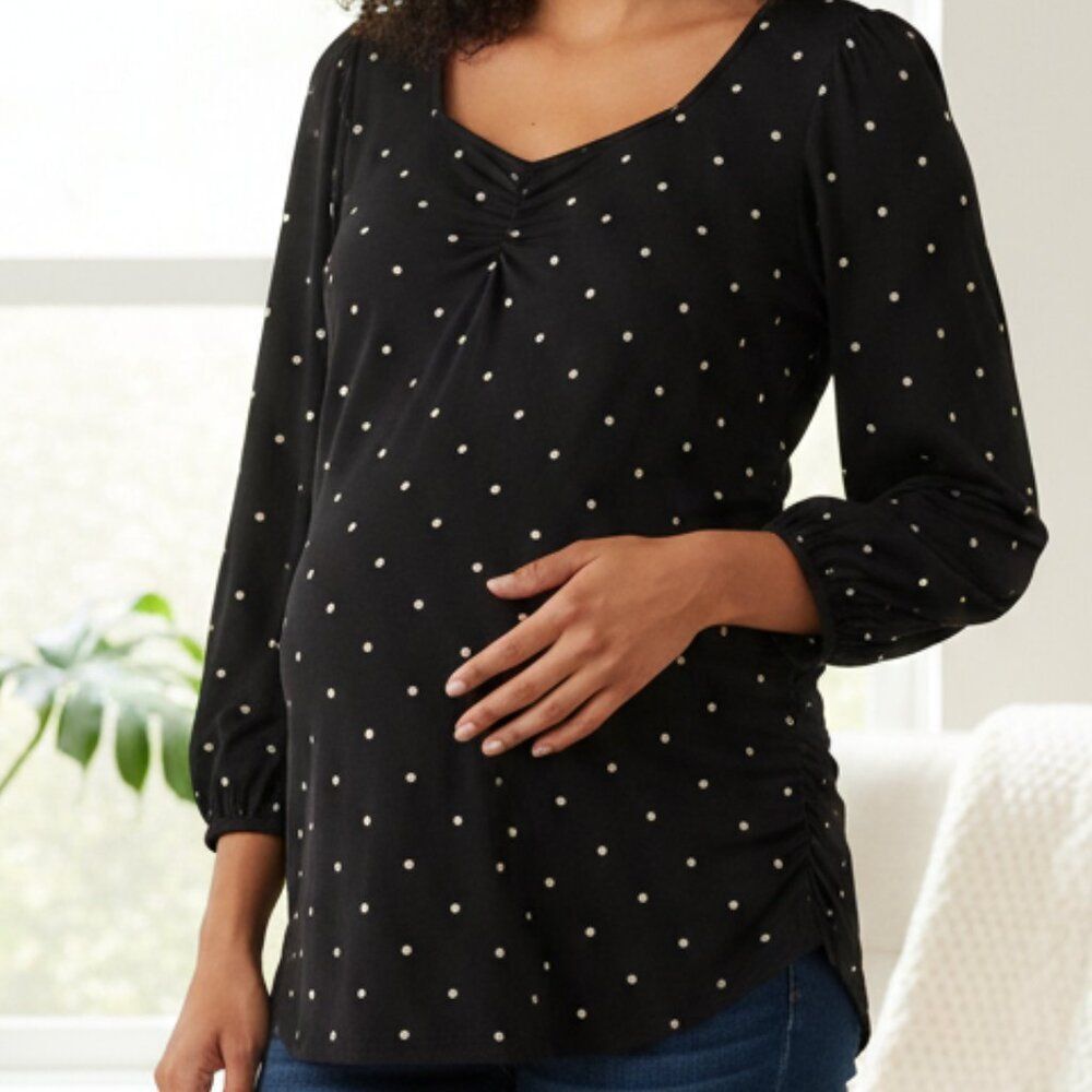 Old Navy Maternity Black Polka Dot Ruched Scoop Neck Top Size L Large